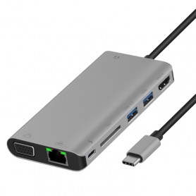 Dock 8 en 1 USB-C / TYPE-C à PD USB-C / TYPE-C Chargement + 100M Port Ethernet + Dual USB 3.0 + HDMI + VGA + SD Slot SD + 3.5...