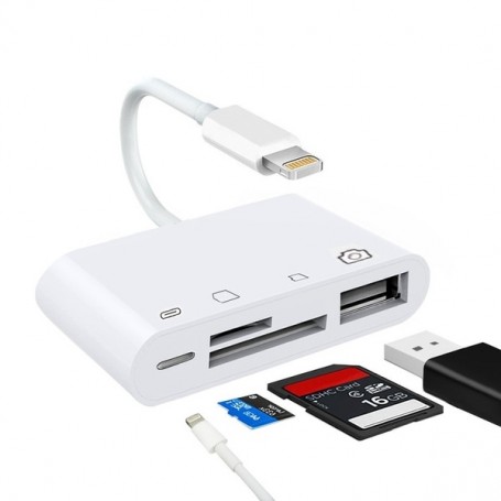 Lecteur de carte Lightning vers SD TF 4 en 1 - Kit adaptateur pour appareil photo Lightning USB Lecteur de carte SD TF, câbl...